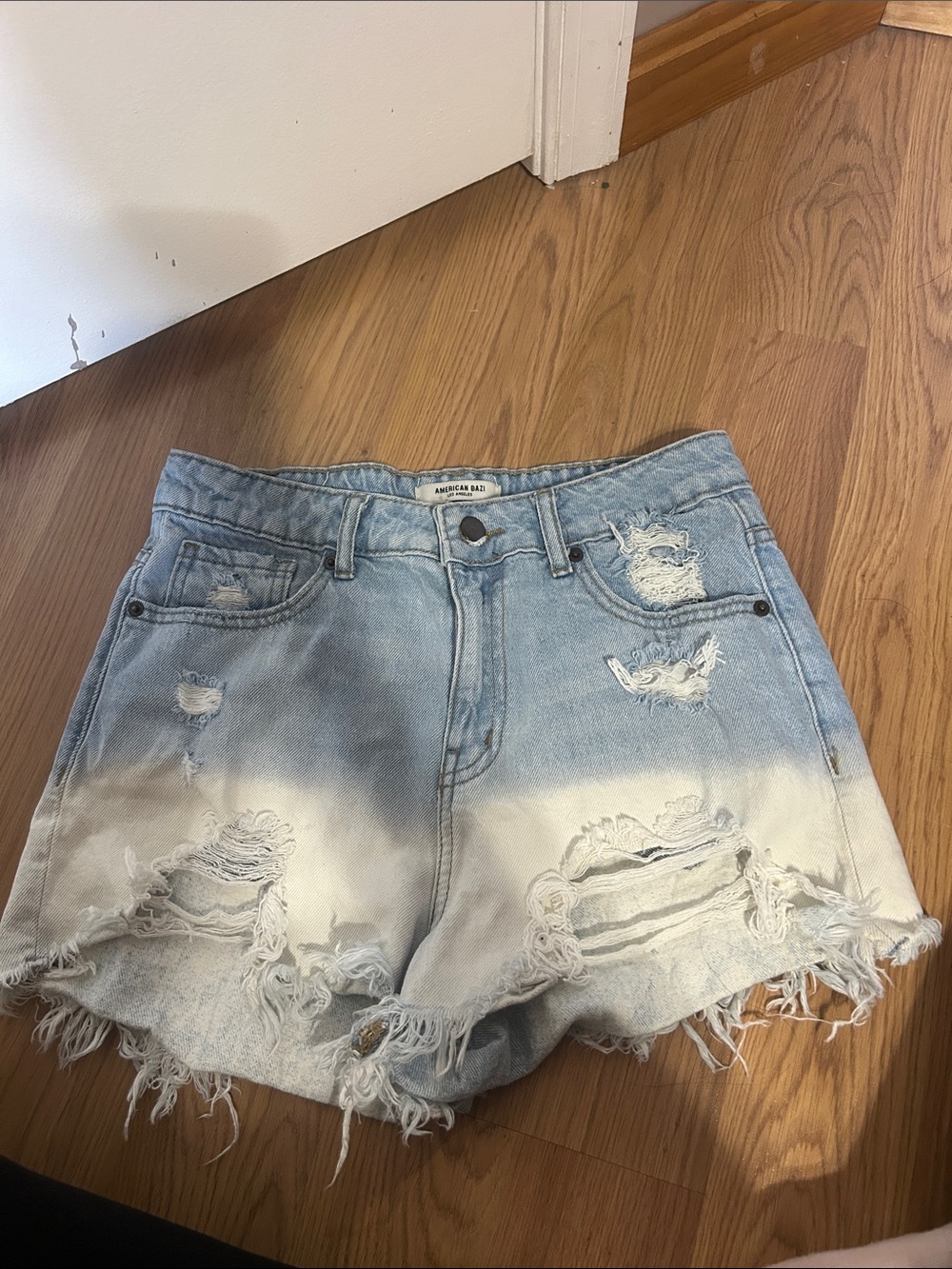 American Rag Ombre Distressed Denim Cutoff Shorts - Light Blue & White